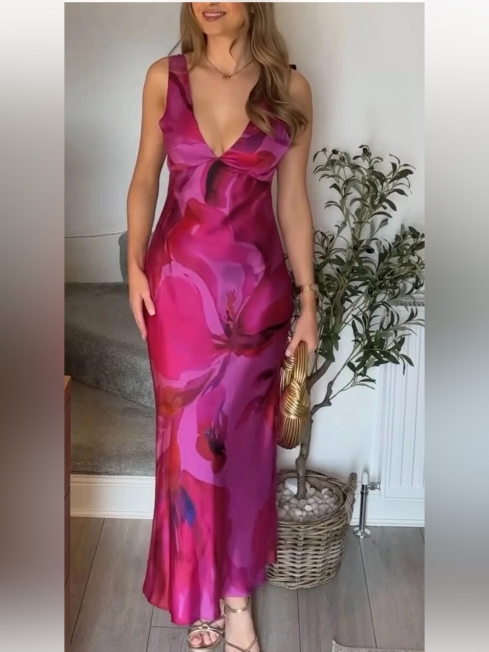 Zara Fuchsia Floral Satin V-Neck Maxi Dress